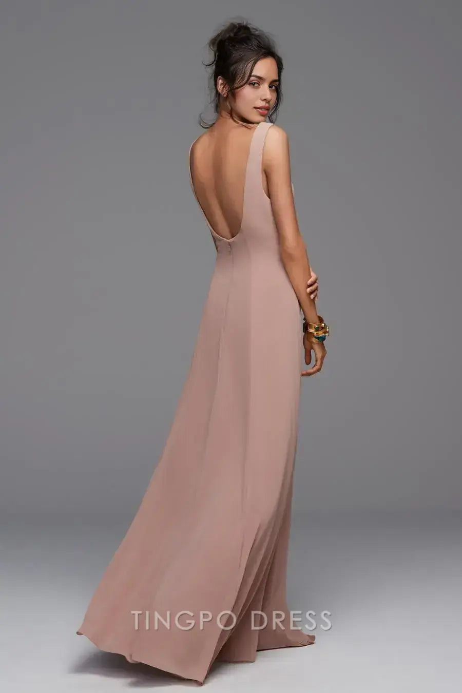 TingPo Wholesale Elegant Blush Pink Evening Gown - Deep V-Neck Sleeveless Sheath Maxi Dress